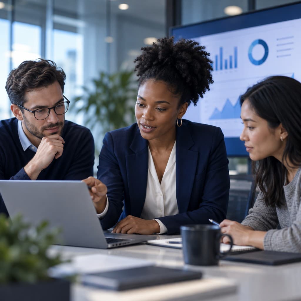 Small business team reviewing performance together on a laptop
