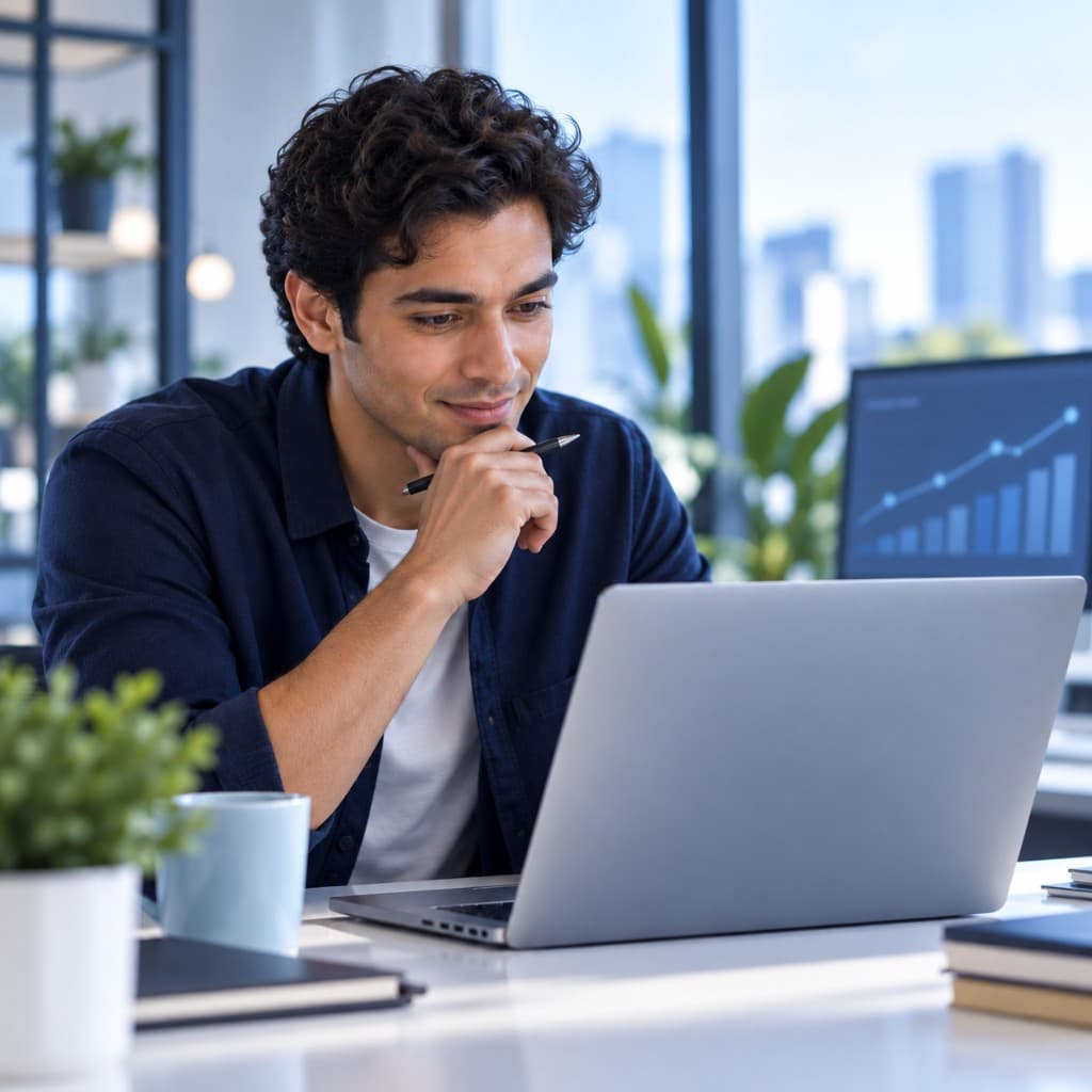 Business owner reviewing financial performance on a laptop in an office