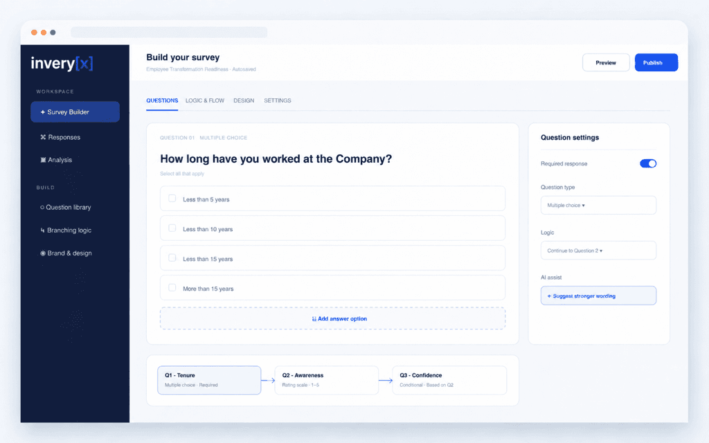 Inveryx survey builder showing question editing, answer options, and branching logic
