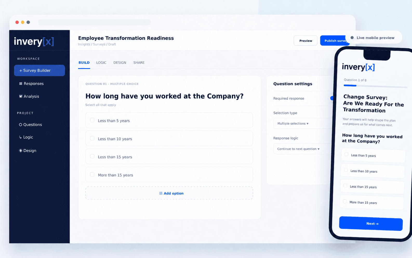 Inveryx survey builder on desktop with a live mobile preview of the respondent experience