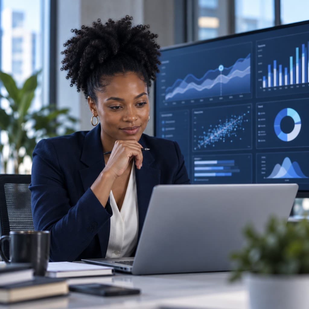 Business owner reviewing performance on a laptop with analytics in the background